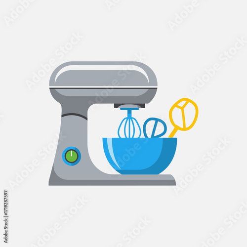 Illustration of a stand mixer with bowl and attachments.