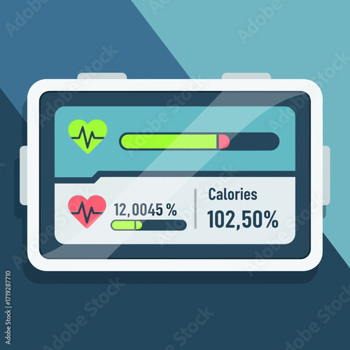 Fitness tracker displaying heart rate and calorie information.