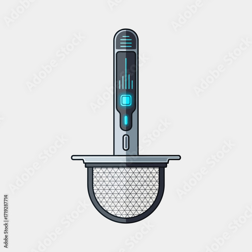Futuristic kitchen utensil with a mesh scoop and a sleek, modern handle.
