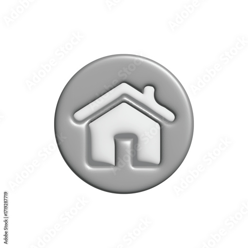 A silver circular icon featuring a stylized house symbol on a plain white background