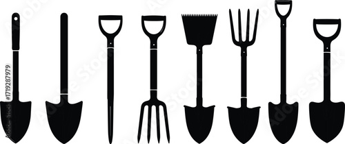 Garden tools, shovel collection, pitchfork, rake, digging equipment, farming gear, landscaping tools, soil work, agriculture, outdoor, metal, handle, durable, ergonomic, gardening