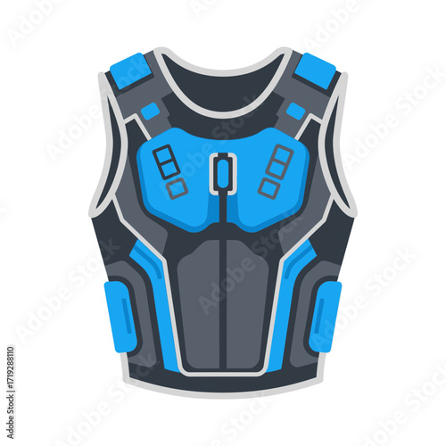 Illustration of a futuristic blue and gray tactical vest.