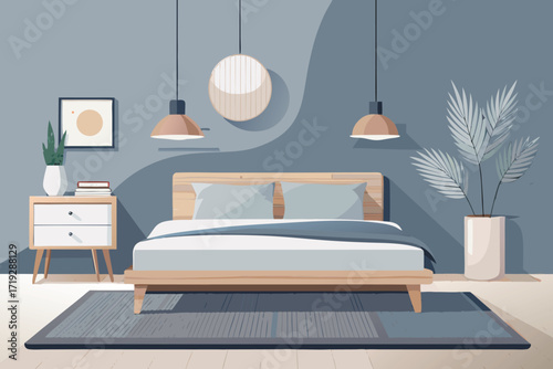 Modern bedroom interior design Wooden bed and nightstand Minimalist style Vector illustration