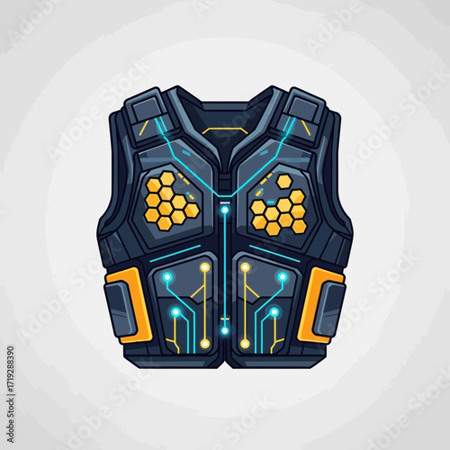 Illustration of a futuristic vest with electronic components and honeycomb patterns.