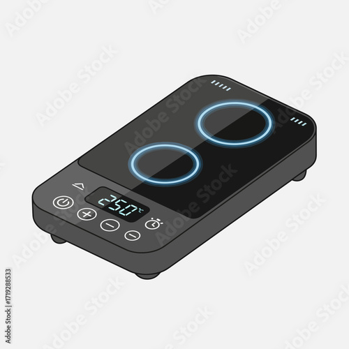 Isometric illustration of a portable induction cooktop with two burners and a digital display.