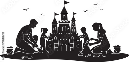 Family Building Sandcastle Silhouette Vector