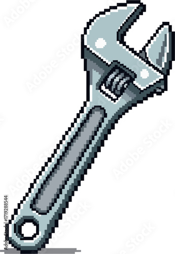 Pixelated illustration of a silver adjustable wrench with a hole on the handle, angled on a white background.