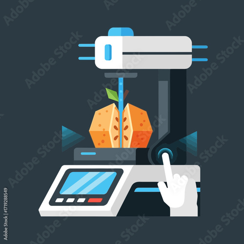 Illustration of a 3D printer creating an orange, showcasing technological advancement in food production.