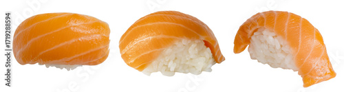 Obraz  z motywem collection of Salmon Nigiri Sushi set isolated on a white background