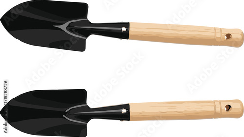 Garden trowel, gardening tool, wooden handle, metal blade, vector illustration, hand tool, soil digger, horticulture, equipment, landscaping, agriculture, planting, backyard, spade, outdoor gear