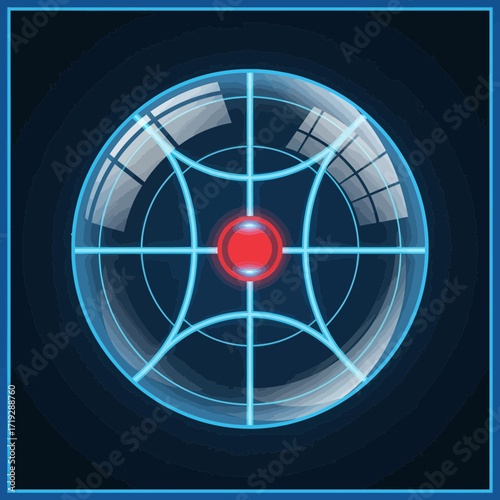 A digital illustration of a radar screen with a red target in the center, set against a dark blue background.