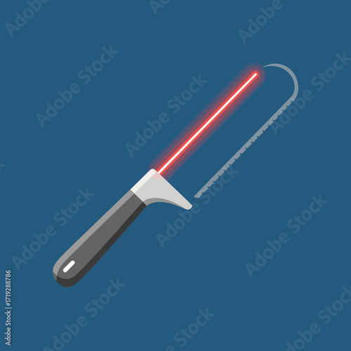 Illustration of a hacksaw with a red laser blade on a blue background.