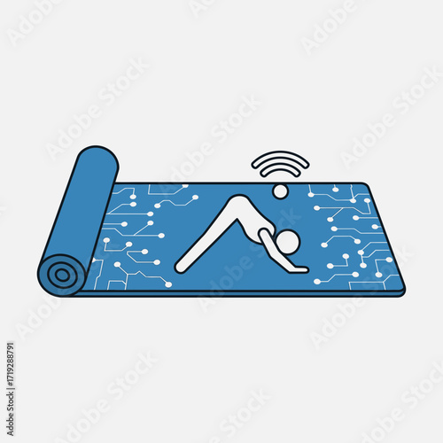Smart yoga mat with sensors and wireless connectivity, person in downward dog pose.