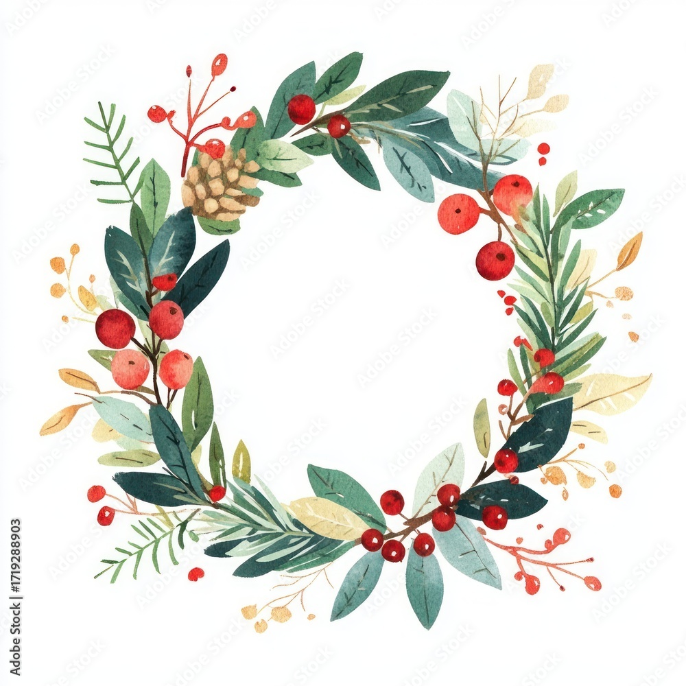 Fototapeta premium Christmas wreath illustration watercolor christmas.