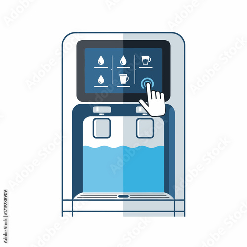 Modern water dispenser with touch screen interface and hand selecting a drink.