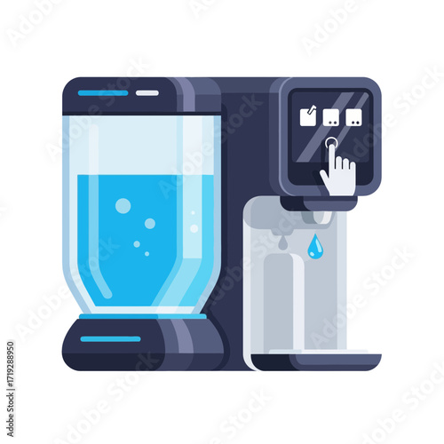 Water dispenser with touch screen and water tank illustration.