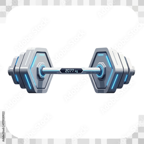 Futuristic dumbbell with digital display showing weight, isolated on white.