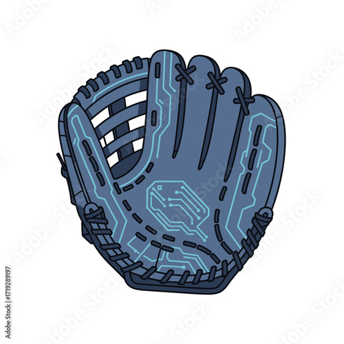 Illustration of a blue baseball glove with circuit board design.
