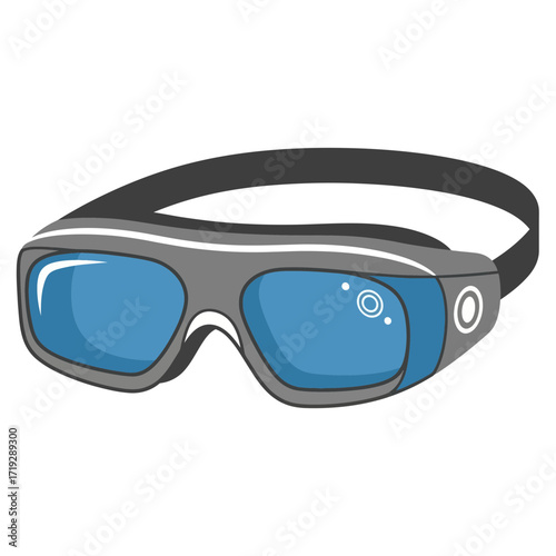 Illustration of a futuristic VR headset with a blue trim and various icons on the lenses.
