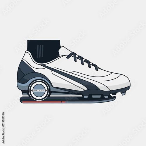 Illustration of a white and blue futuristic soccer shoe with a black sock.