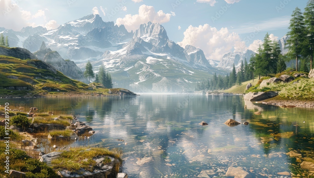 Naklejka premium Serene alpine lake reflecting snow-capped mountains under a partly cloudy sky. Green meadows and dark evergreen trees line the tranquil water's edge