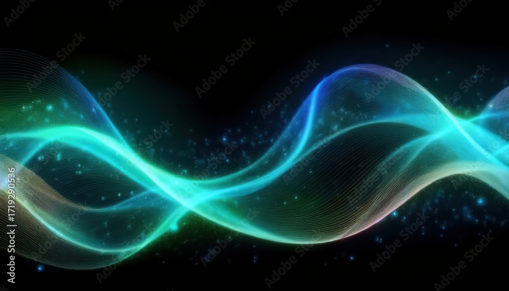 Fototapeta premium glowing turquoise light wave flowing in dark cosmic space with sparkling stars and fluid motion ideal for wallpaper or banner background