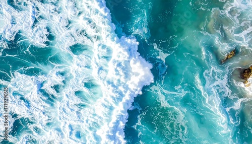 Aerial ocean view, showcasing frothy white waves crashing into turquoise waters, near rocky coastal areas. A natural, vibrant scene