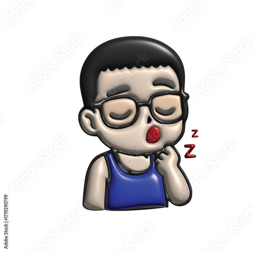 Cute 3D illustration of a young boy wearing glasses and a blue tank top, yawning with his eyes closed, a common sign of sleepiness and tiredness