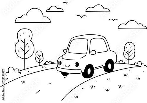 Cartoon car driving on scenic route with trees and clouds, evoking joy and adventure for children's books or playful designs, originally scalable vector art