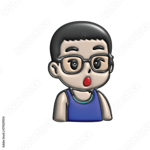 Charming 3D cartoon illustration featuring a young boy with round glasses and a surprised expression, mouth agape in wonder or mild shock. An adorable character perfect for conveying innocence and cur