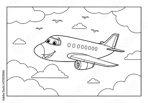 Whimsical airplane character soars through fluffy clouds, perfect for children's books or aviation-themed designs with a fun, educational feel