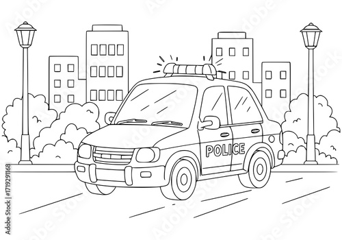 Classic police car illustration, a symbol of law enforcement patrolling city streets, perfect for educational resources and civic awareness campaigns, scalable vector