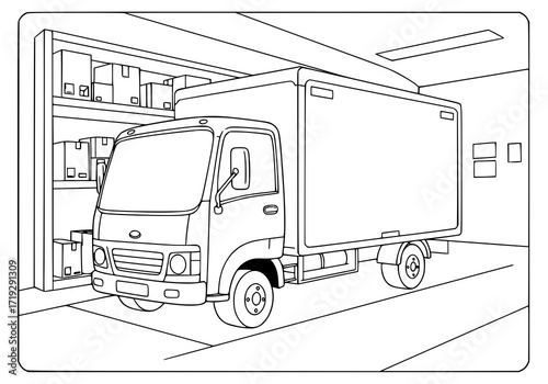 Delivery truck parked in a warehouse ready to transport goods, a scalable line art drawing for logistics, shipping, or supply chain concepts