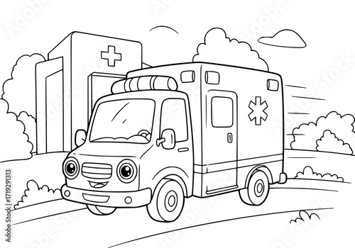 Friendly cartoon ambulance rushing to the hospital, ready to color, perfect for children's books and educational materials about healthcare and emergency services