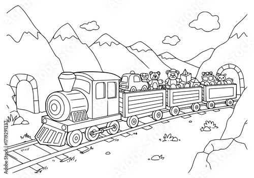 Charming train outline with toys and mountain backdrop, ideal for children's book illustrations and educational resources, a nostalgic adventure awaits