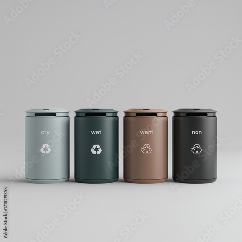  set of 4 modern trash cans for separating dry recyclable, wet recyclable and non-recyclable waste