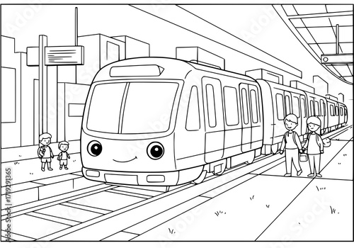 Whimsical train adventure illustration for kids coloring book, featuring cheerful children at a modern city railway station, perfect for creative projects