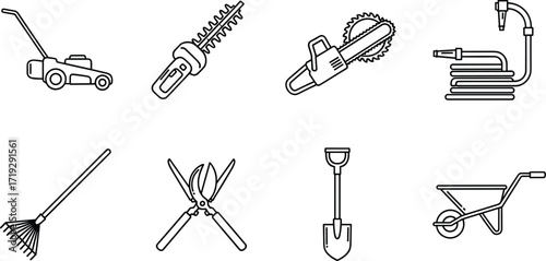 Gardening tools, landscaping equipment, outdoor maintenance, lawn care, hedge trimming, pruning gear, shovel, wheelbarrow, chainsaw, hose, rake, essential garden tools