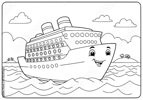 Delightful cruise ship cartoon illustration ready to color, perfect for children's activity books, printable travel theme, and fun vacation projects