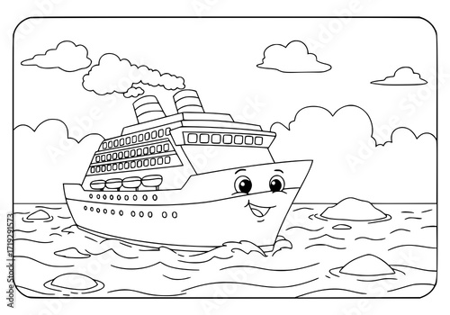 Delightful cartoon cruise ship sailing on the sea, ready for coloring fun and creative kids activities with this scalable line art illustration