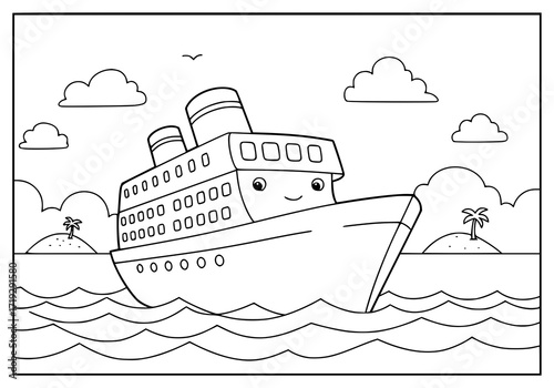 Adorable cartoon cruise ship sailing toward tropical islands, perfect for children's books, vacation themes, coloring books, and educational materials