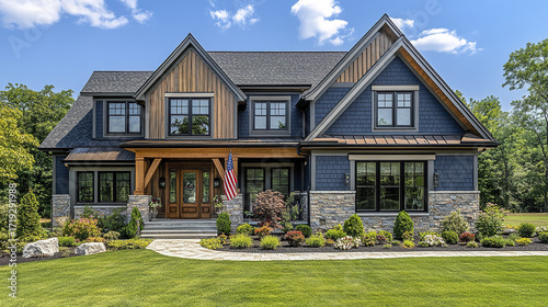Modern two story house with blue gray siding, stone accents, and wooden front porch surrounded by lush green lawn and landscaped garden under bright sky