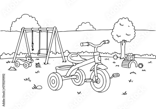 Whimsical line art of a playground scene with a tricycle, swings, and toys evokes childhood joy and carefree days for coloring books or educational materials