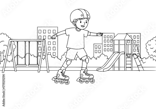 Happy young boy enjoying roller skating in the park with safety gear on, ready for playtime and adventure, showcasing an active lifestyle