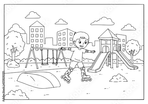 Cheerful boy roller skating at playground with slides, swings, and cityscape: Fun outdoor activity for kids, promoting healthy lifestyle and happy childhood