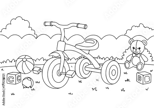 Delightful tricycle adventure awaits with a cuddly teddy bear, alphabet blocks, and playful balls, perfect for coloring books and cheerful designs