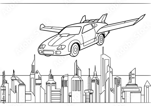 Futuristic flying car soars above a modern cityscape, showcasing innovation and technological advancement in a clean, scalable line art design