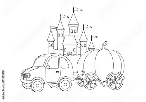 Enchanting fairy tale getaway with a pumpkin carriage and castle adventure, perfect for children's books and magical story telling