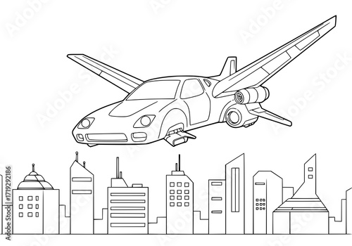Futuristic flying car soars above a modern city skyline, offering a glimpse into tomorrow's innovative transportation and architectural design, a dynamic concept