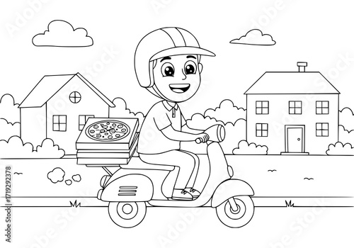 Cheerful pizza delivery boy on scooter speeds through neighborhood delivering tasty pizzas with care and a smile, perfect for food delivery apps